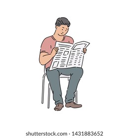 A man in cassual wear sitting and reading newspaper vector cartoon illustration isolated on white background. Daily information media concept icon in sketch style.