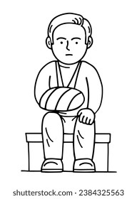 Man with a cast on a broken arm. Gypsum bandage. Medical care, treatment and rehabilitation. Help with trauma. Cartoon vector illustration. Black and white sketch. Hand drawn ink line