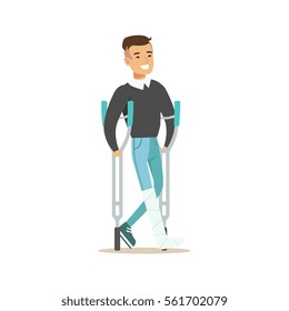 Man With The Cast Walking With Crouches Smiling, Hospital And Healthcare Illustration