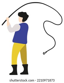 Man Casts A Fishing Rod While Standing. Vector Cartoon Faceless Character Isolated On Transparent Background