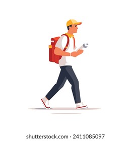 A man in casual attire with a backpack is walking briskly while holding a ticket in this vector illustration.