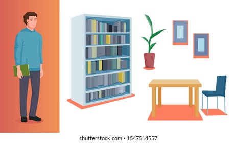 A man in casual attire in the library, set of graphics