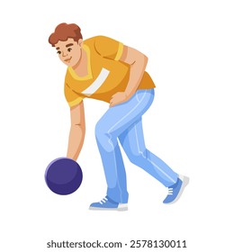 Man in casual attire playing bowling, isolated on white. Vector illustration