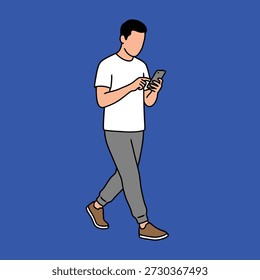 Ein Mann in lockerer Kleidung geht spazieren, während er in sein Smartphone vertieft ist und moderne mobile Kommunikation und digitales Engagement veranschaulicht.