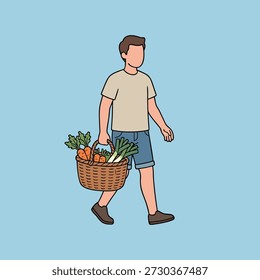 Um homem em trajes casuais caminha carregando uma cesta de vime cheia de uma variedade de legumes frescos.