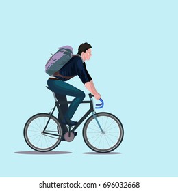 a man in casual cloth with a backpack riding a bicycle isolated
