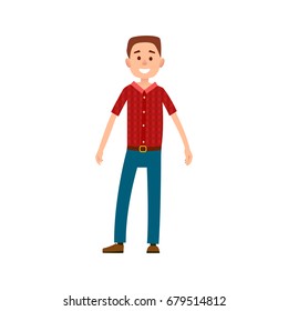 Man in casual cloth wears red checkered t-shirt and blue jeans vector illustration isolated on white. Grown up male adult full length cartoon character