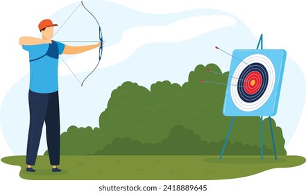 Man in casual clothes aiming with a bow at target, archery practice outdoors. Hobby and leisure activity, focus and concentration concept vector illustration.