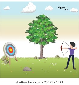 Man in casual clothes aiming with a bow at target, archery practice outdoors. Hobby and leisure activity, focus and concentration concept vector illustration.