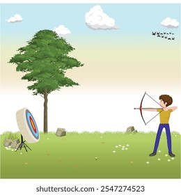 Homem em roupas casuais, com um arco no alvo, tiro com arco ao ar livre. Atividade de passatempo e lazer, foco e conceito de concentração ilustração vetorial.