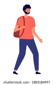 Un hombre con ropa informal lleva una mochila en su hombro. Elegante personaje masculino joven, ilustración vectorial aislada en fondo blanco. Hombre con barba y pelo oscuro en jeans y camillas para camisetas