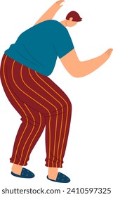 Man in casual clothes dancing, cheerful guy performing dance moves. Joyful dance, rhythmic movement vector illustration