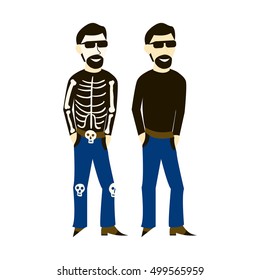 Man in casual clothes and dressed up in a skeleton costume at the Mexican holiday Day of the Dead isolated on white background, cartoon style