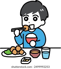 A man in casual clothes eating with a smile