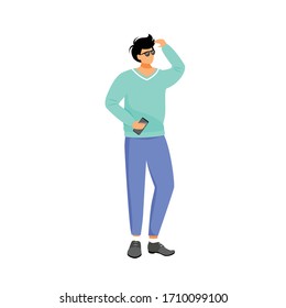 Man in casual clothes flat color vector faceless character. Person holding phone look at sun. Male student in sweater. Trendy outfit. Warm weather clothing isolated cartoon illustration