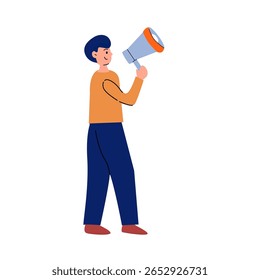 Homem com roupas casuais segurando um megafone. Ilustração vetorial plana representando comunicação, anúncio, liderança, protesto, marketing ou discurso público.