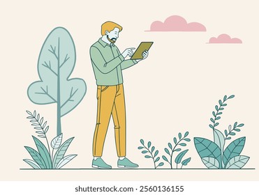 A man in casual clothes holding a tablet in his hands full length and pointing at display with finger. He standing  in the garden of plants in the background, minimalistic, graphic hand drawn style 