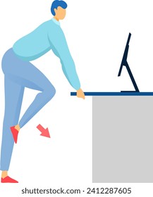 Man in casual clothes leaning over desk with computer monitor, no face visible. Office worker with poor posture. Office ergonomics and health vector illustration.