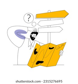 Un hombre con ropa informal mirando un mapa delante de un letrero de camino. Ilustración vectorial sobre el tema de encontrar la dirección correcta.