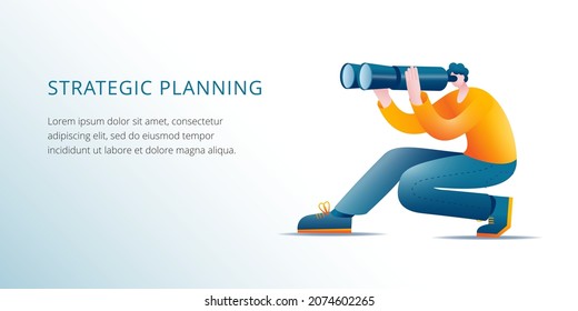 A man in casual clothes looks through binoculars. Vector illustration in 3D style on the topic of search or strategic planning. Template for a horizontal banner.