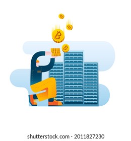 A man in casual clothes is mining bitcoin against the background of servers. Vector illustration on the topic of cryptocurrencies.