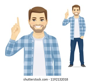 Man in casual clothes pointing up vector illustration isolated