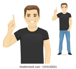 Man in casual clothes pointing up vector illustration isolated