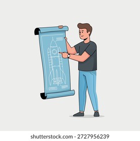 A man in casual clothes points at a blueprint of a rocket ship, indicating a design or plan.
