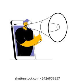 A man in casual clothes shouts into a megaphone from his phone. Illustration in a modern style on the topic of attracting attention in social networks. SMM manager.