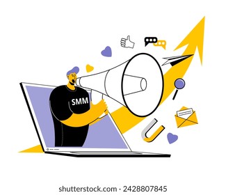 A man in casual clothes shouts into a megaphone from his laptop as the number of followers grows. Illustration in a modern style on the topic of attracting attention on social networks. SMM manager.