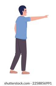 Man in casual clothes showing direction with finger semi flat color vector character. Editable full body person on white. Simple cartoon style illustration for web graphic design and animation