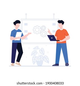 Man in casual clothes showing presentation to business partners, colleagues with common aim and goal. Male holding a laptop and man with documents. People teamwork two boys presenting tools computer.