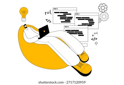 Un hombre vestido de manera informal se sienta en una silla de bolsita de frijoles, reflexionando sobre una idea en forma de bombilla. Escribe líneas de código. Ilustración vectorial sobre la resolución de problemas de programación.