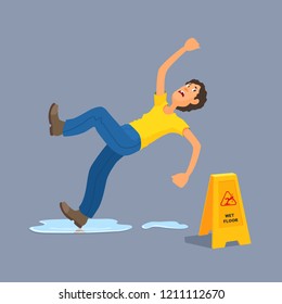 Man in casual clothes slipped on wet floor, puddle, falls, waving his hands, looks down at the yellow plastic warning sign. Dangerous situation. Vector flat style illustration on gray background.