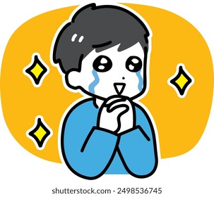 A man in casual clothes smiles and sheds tears