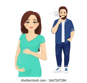 Man in casual clothes smoking cigarette behind pregnant sad woman. Isolated vector illustration