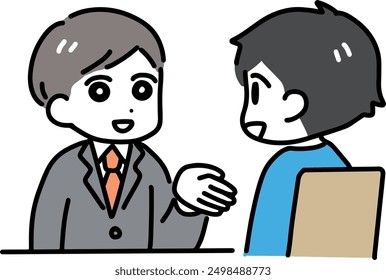 A man in casual clothes speaks with a smile to a man in a suit