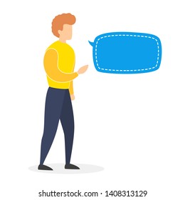 Man in casual clothes standing and talking with speech bubble above. Communication concept. Isolated flat vector illustration