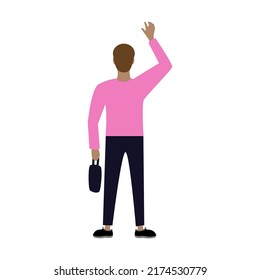 Man In Casual Clothes Vector Illustration. Men Standing, Waving, Watching Concert Or Show From Behind Isolated On White