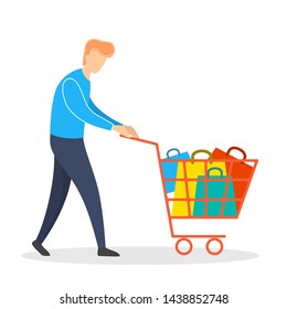 Man in the casual clothes walking with the empty shopping cart. Happy customer on sale. Isolated flat vector illustration