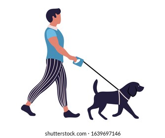 Man in casual clothes walking with his dog. Person with pet isolated on white background. Flat vector illustration.