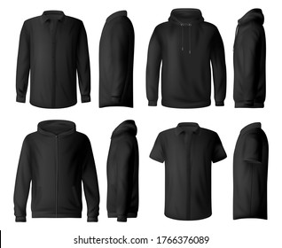 Ropa casual de hombre, ropa vectorial de maquillaje. Camisas negras clásicas con mangas largas y cortas, sudaderas, pullover y hoodie front-side view realista vector plantilla. Burla de la ropa de los hombres de todos los días