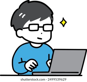 A man in casual clothes wearing glasses using a computer