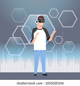Man In Casual Clothes Wearing Modern 3d Glasses Virtual Reality Headset Concept