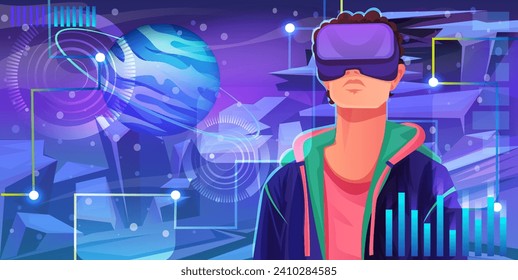 Man in casual clothes wearing VR googles watching at virtual reality world space, digital interface, planet hologram, network technology, abstract cyberspace, futuristic science. Vector illustration