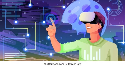 Man in casual clothes wearing VR googles watching, touching virtual reality world space, digital interface, planet hologram, network technology cyberspace, futuristic science. Vector illustration