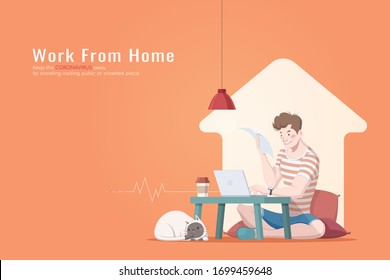 Man in casual clothes working from home during coronavirus outbreak with his cat, orange background WFH illustration