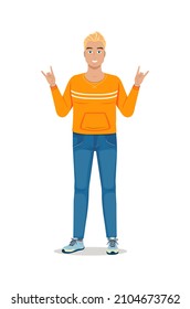 Hombre con ropa informal. Un chico joven muestra gestos de mecenas. Carácter de concierto, música energética, ventilador de heavy metal. Una persona genial, poder. Dibujo vectorial plano de dibujos animados aislado en fondo blanco