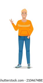 Hombre con ropa informal. Un chico joven muestra la mano. Gestos especiales de bienvenida, hipsters y formas elegantes de dedos. Juventud y tendencias, modelo. Dibujo vectorial plano de dibujos animados aislado en fondo blanco