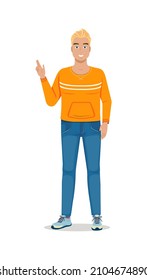 Mann in zwangloser Kleidung. Junge Leute zeigen zwei Finger. Freundlicher Charakter, wohlwollende Gesten, Positivität, Optimismus und Selbstvertrauen. Cartoon-FlachVektorgrafik einzeln auf weißem Hintergrund